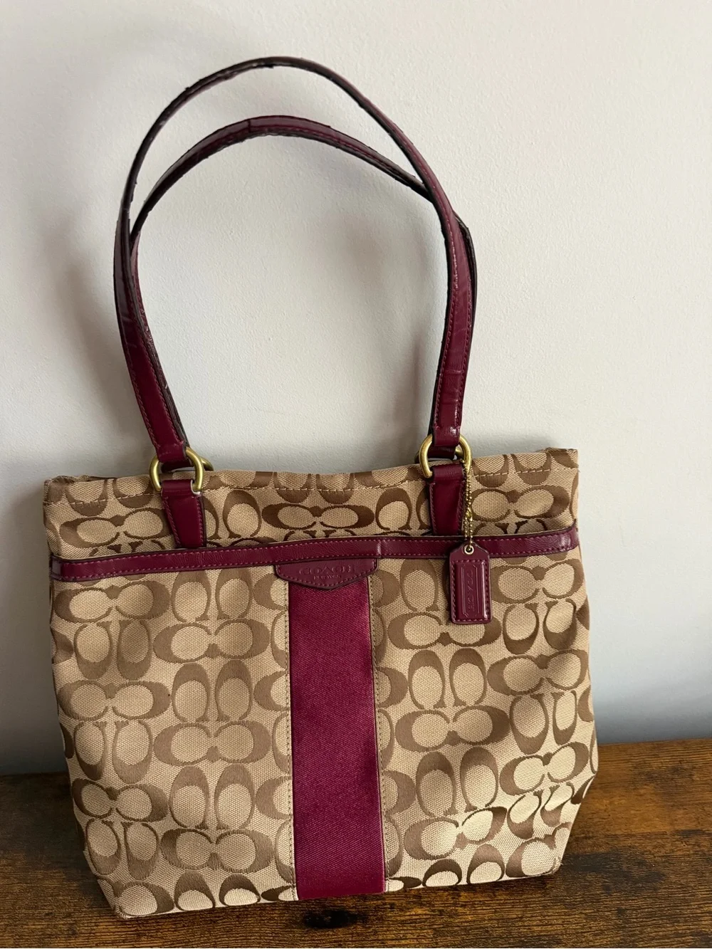 Coach F28504 Signature Stripe Tote Bag Khaki Burgundy Canvas Leather